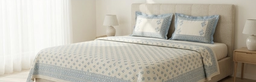  ELITE CLASS PURE COTTON BLOCK PRINT KING SIZE BEDSHEET SET – SKY BLUE
