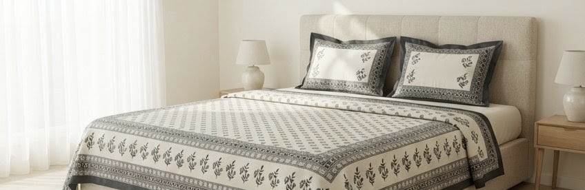  ELITE CLASS PURE COTTON BLOCK PRINT KING SIZE BEDSHEET SET – CHARCOAL GREY