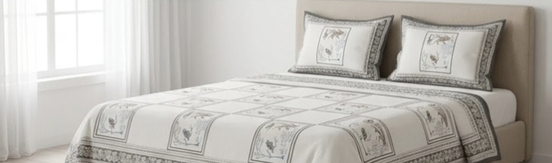 ELITE CLASS PURE COTTON BLOCK PRINT KING SIZE BEDSHEET SET – GREY & WHITE