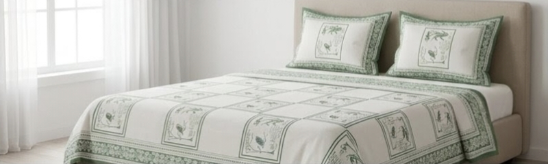 ELITE CLASS PURE COTTON BLOCK PRINT KING SIZE BEDSHEET SET – GREEN & WHITE