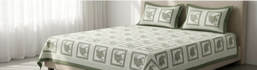 ELITE CLASS PURE COTTON BLOCK PRINT KING SIZE BEDSHEET SET – SAGE & OLIVE