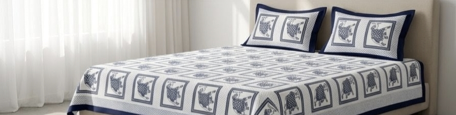 ELITE CLASS PURE COTTON BLOCK PRINT KING SIZE BEDSHEET SET – NAVY & BLACK