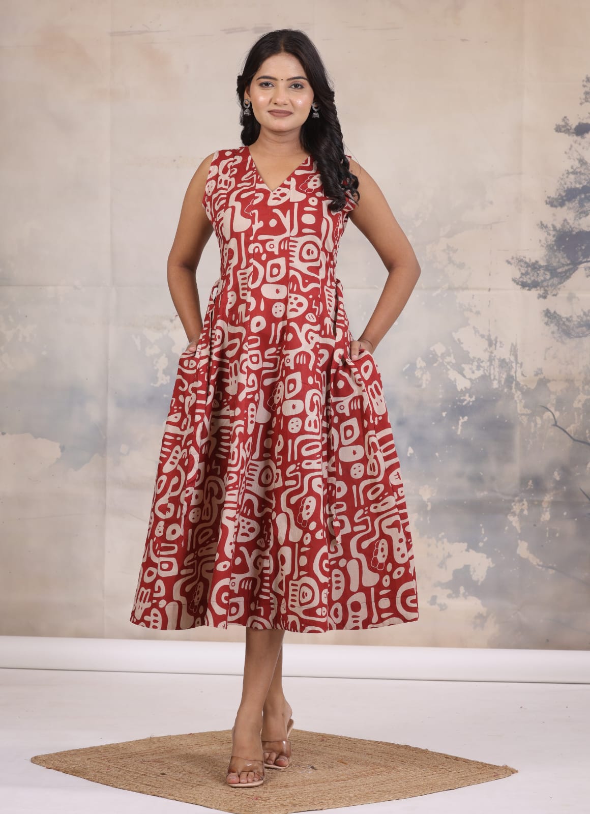 Breezy Cotton V-Neck Midi Dress – Red, L