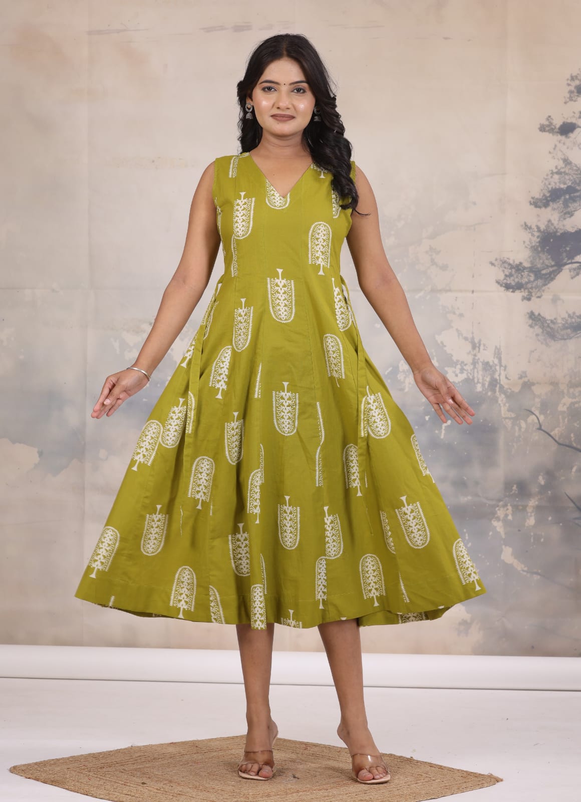 Breezy Cotton V-Neck Midi Dress – Green, XXXL