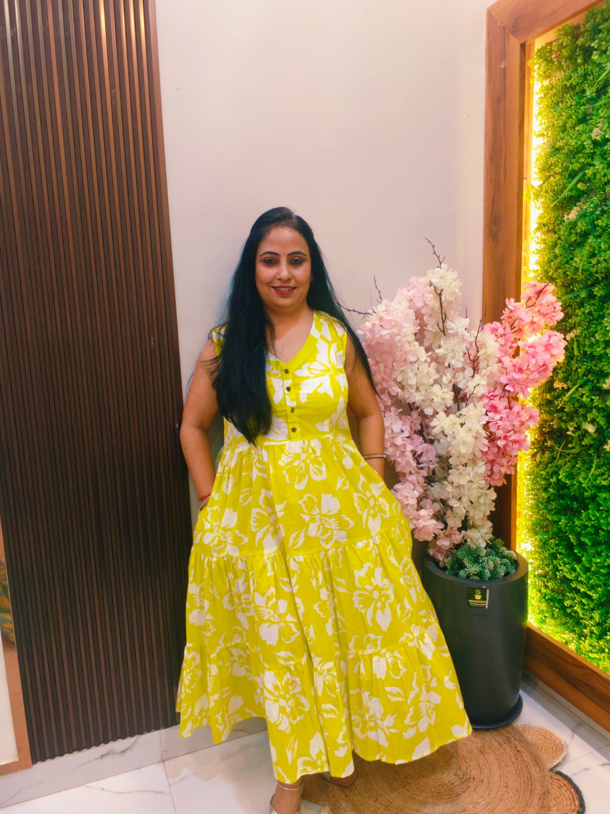 Breezy Cotton V-Neck Midi Dress – Yellow, XXXL