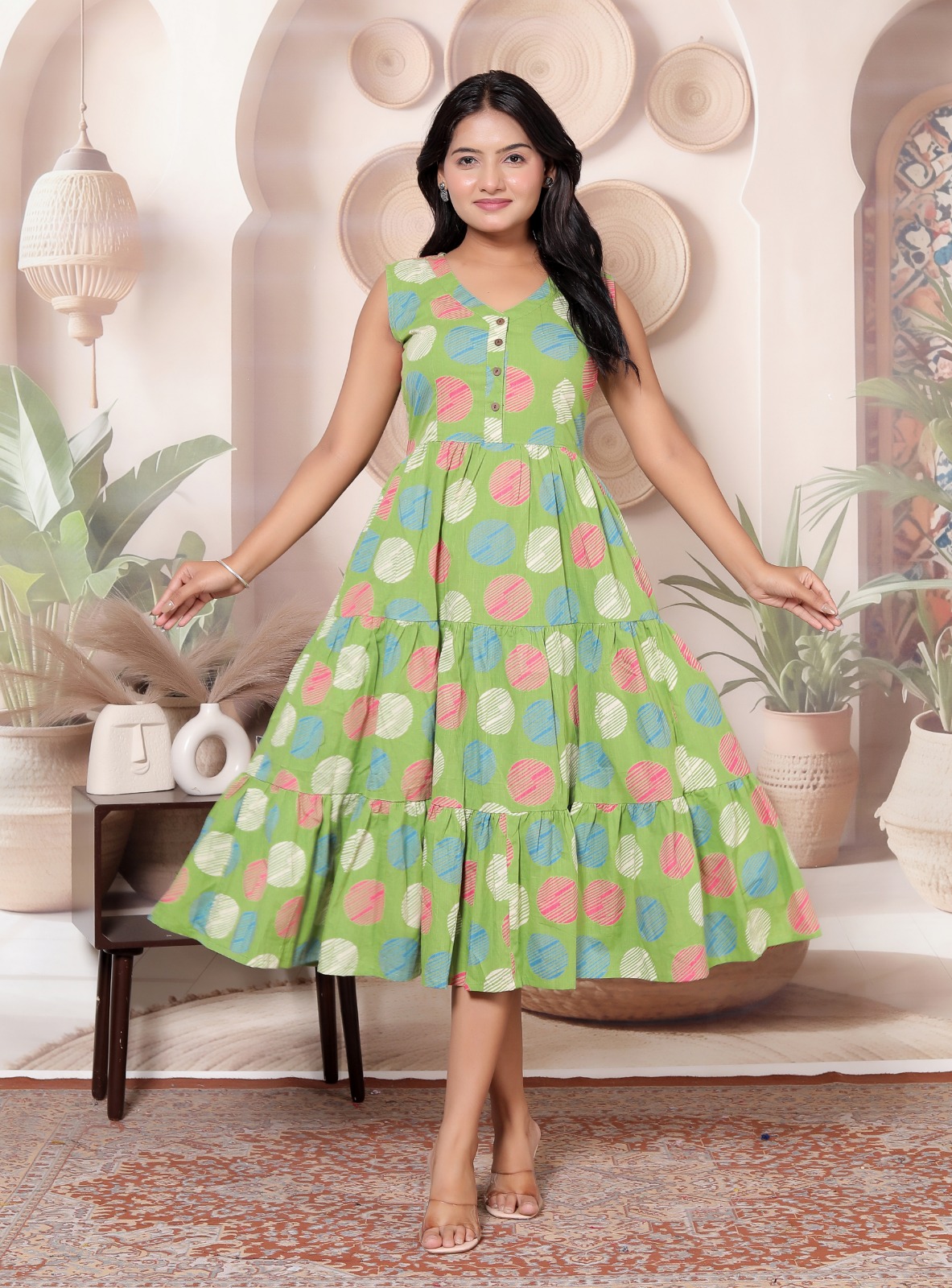 Breezy Cotton V-Neck Midi Dress 2 – Green, XXXL