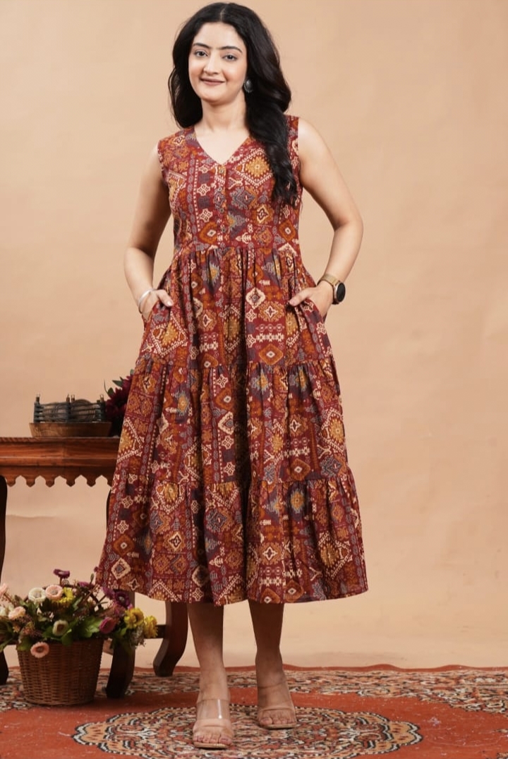 Breezy Cotton V-Neck Midi Dress – Maroon, M