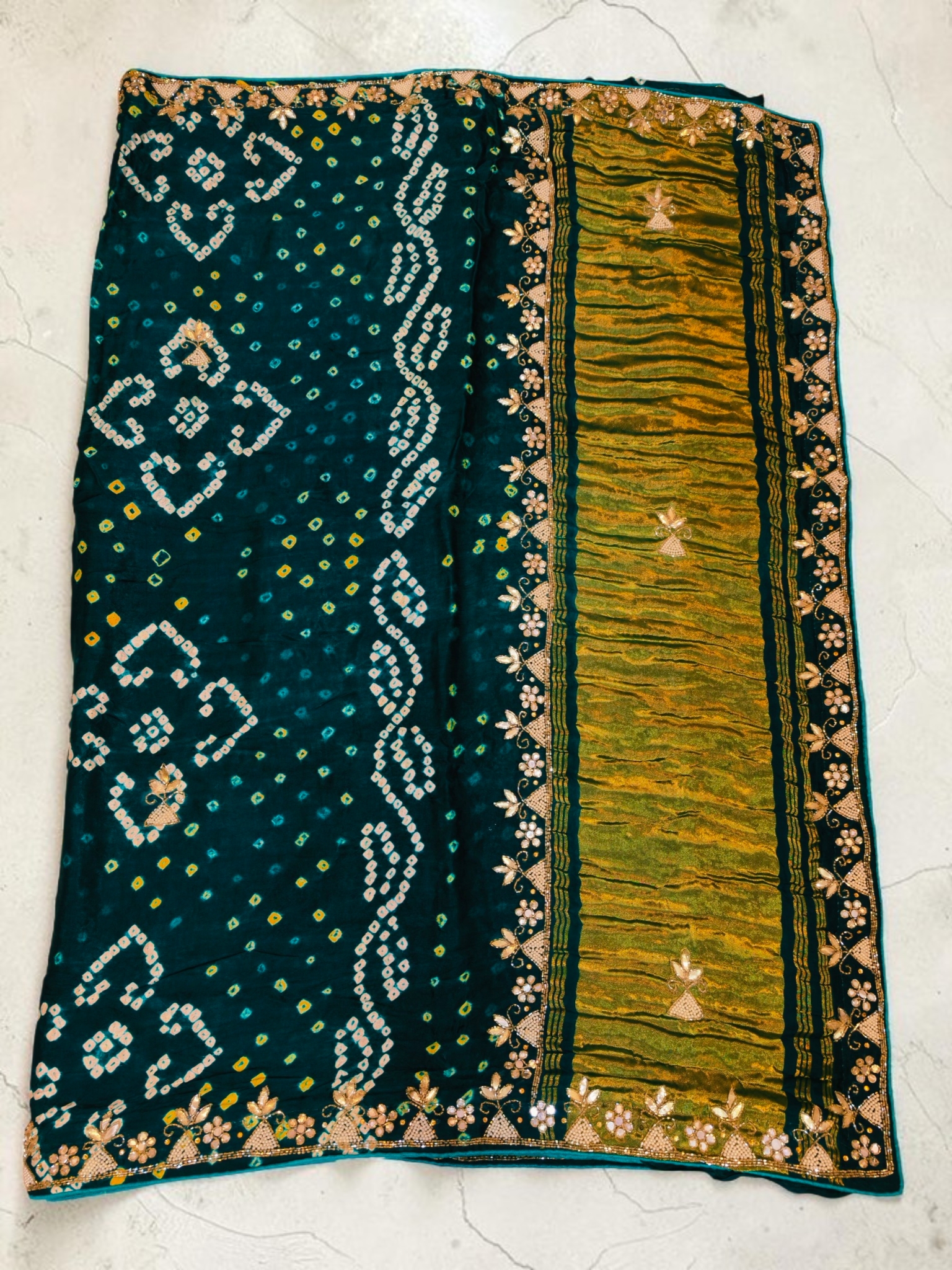 TRADITIONAL GAJJI SILK BANDHEJ HANDWORK  – GREEN