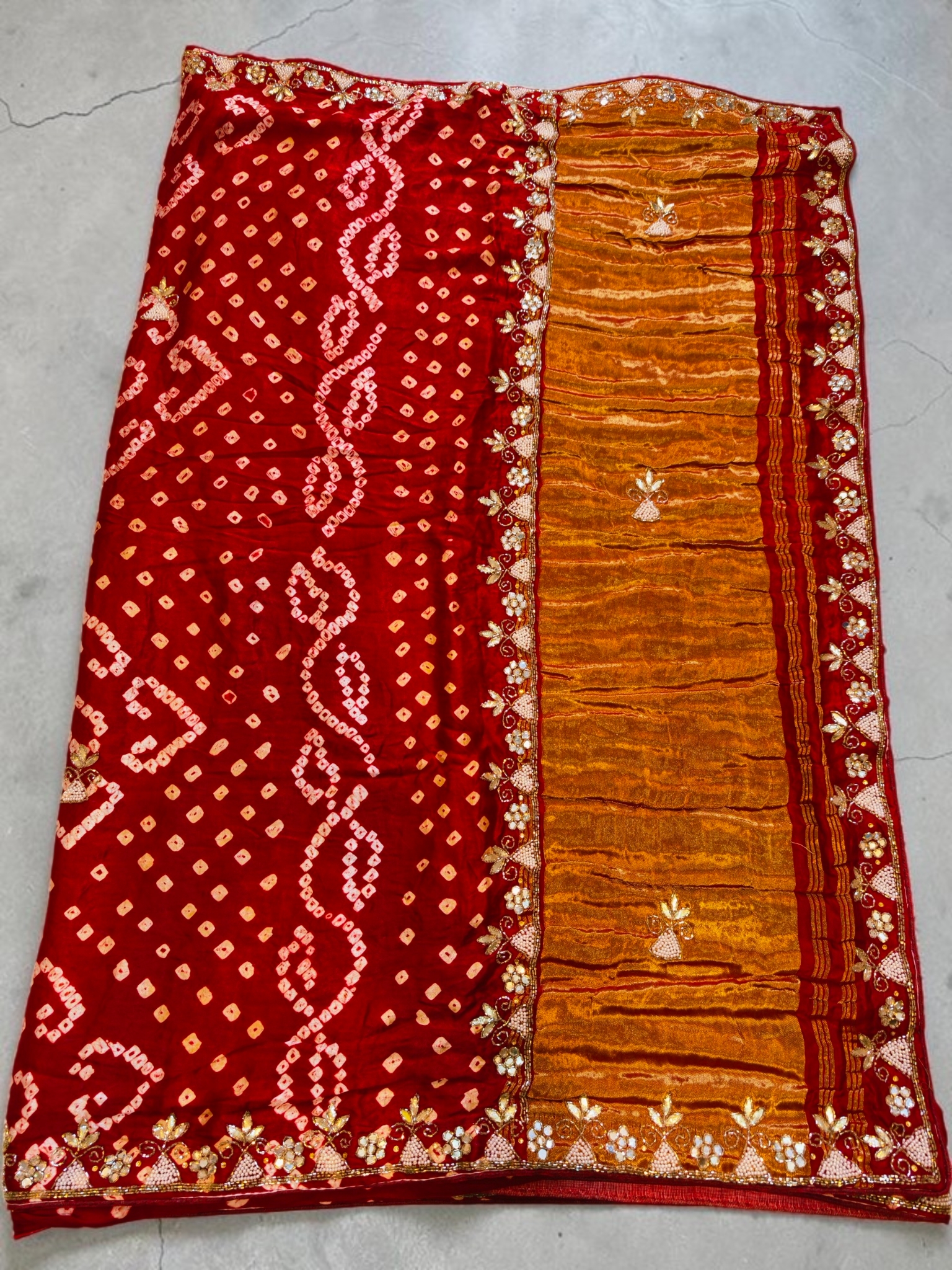 TRADITIONAL GAJJI SILK BANDHEJ HANDWORK  – RED