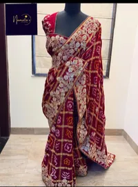Regal Crimson Gajji Silk Ghatchola Bandhej Gotapatti Saree – Image 1