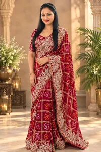 Regal Crimson Gajji Silk Ghatchola Bandhej Gotapatti Saree – Image 2