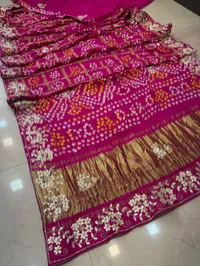 Master Piece Semi-Gajji Ghatchola Bandhej Saree with Gota Patti Work – Rani