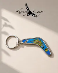 Australian Souvenir Keyrings – Metal & Plastic Designs – Metal – Boomerang Blue Holographic Map