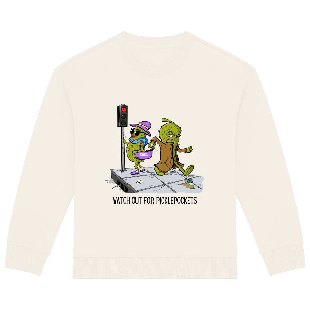 Kids sweater front Watch out for picklepockets – 104 - 116 (4-6 jaar), Ivory