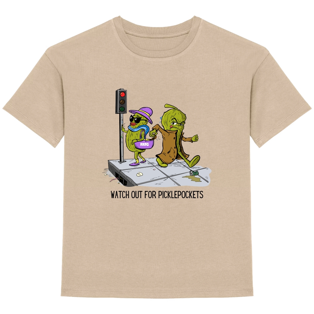 Kids t-shirt front Watch out for picklepockets – 104- 116 (4-6 jaar), Wet Sand