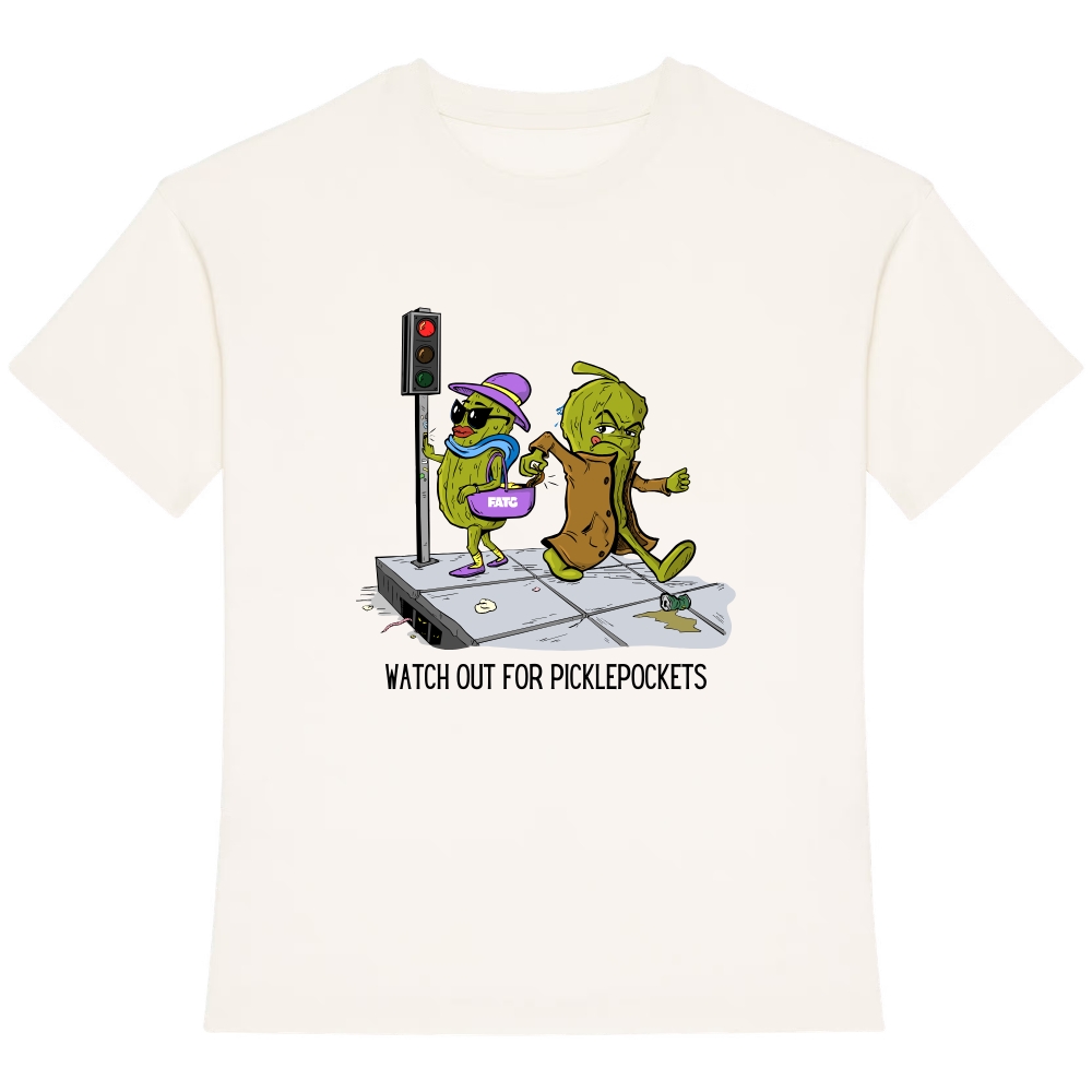 Kids t-shirt front Watch out for picklepockets – 104- 116 (4-6 jaar), Ivory