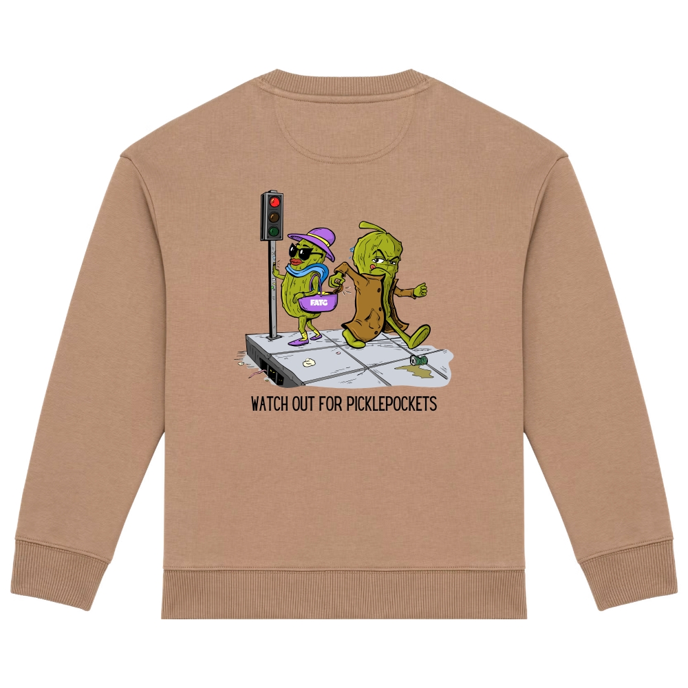 Kids sweater Watch out for picklepockets – 128 - 140 (8-10 jaar), Driftwood
