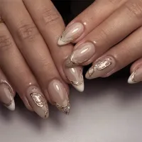 Sparkling Powder Sequins Butterfly French White 3D Gold Dust Short Almonds press-on nails – Image 1
