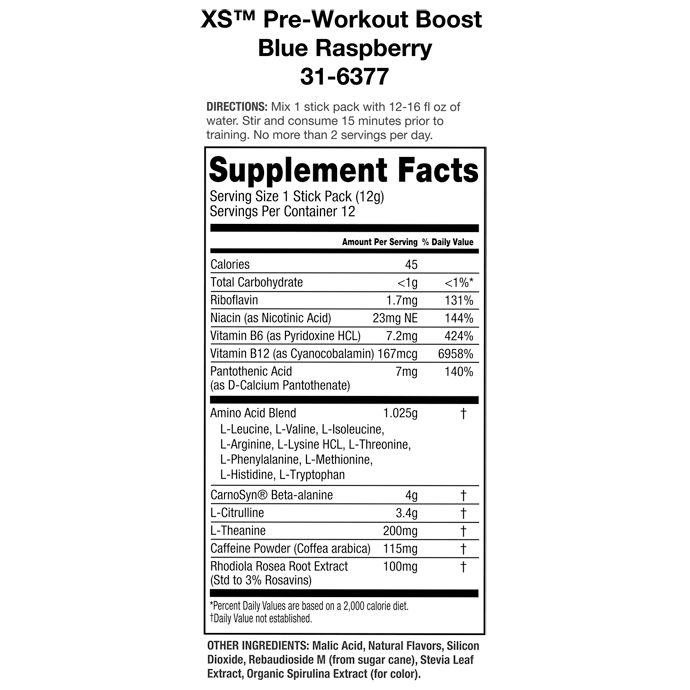 XS Pre-Workout Boost - Blue Raspberry (12 Stick Packs) – Image 4
