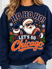 Chicago Football Ho Ho Ho Holiday Crewneck Sweatshirt – Orange or Navy Blue – Medium, Navy Blue