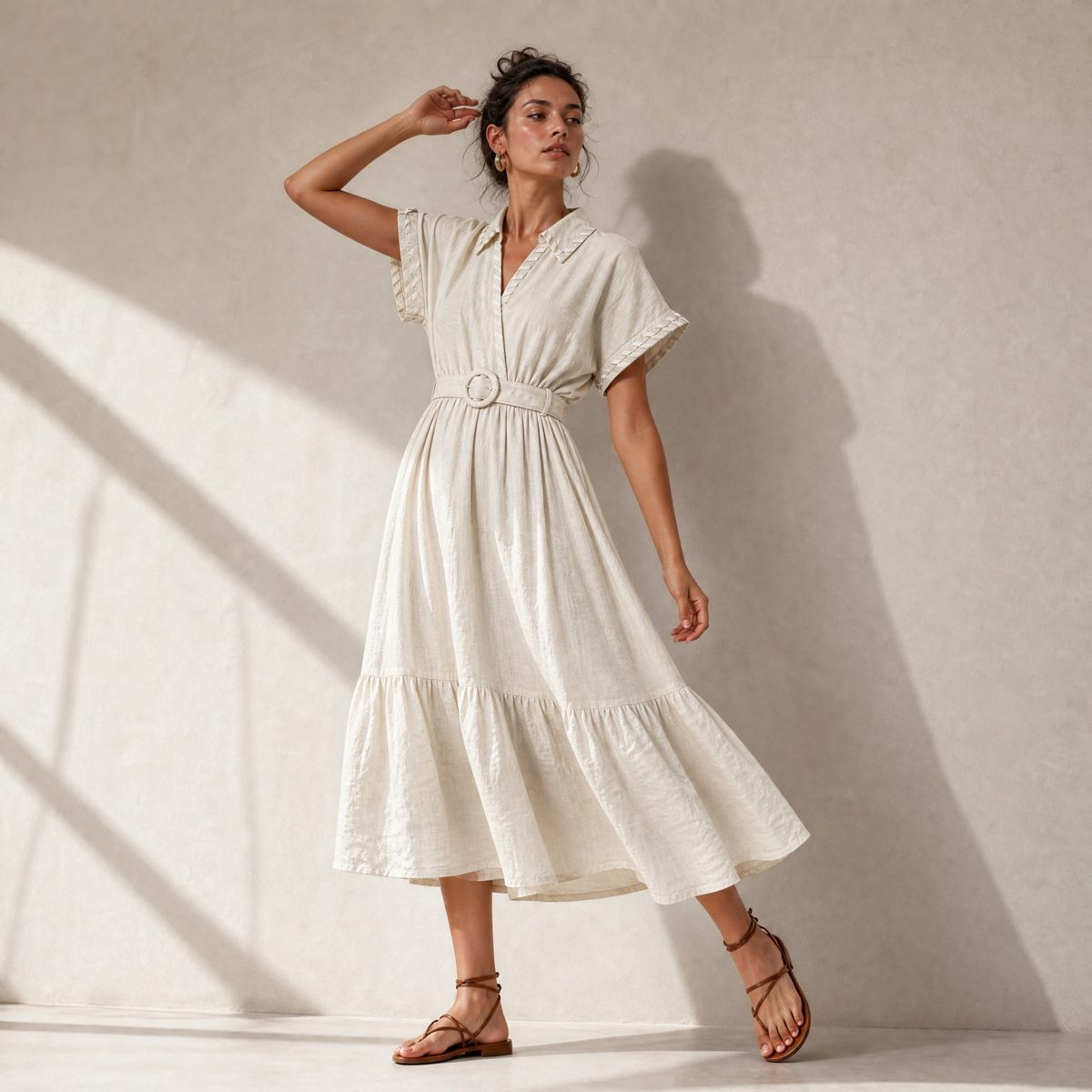 Vestido Midi con Cinturón – BEIGE, CHICA/MEDIANA