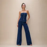 Jumpsuit Denim Strapless Wide Leg – AZUL OBSCURO, GRANDE