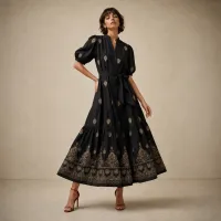 Vestido Midi Bordado Heritage – CHICO/MEDIANO, NEGRO