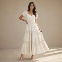Vestido Midi Romantic con Encaje – CHICA/MEDIANA, BEIGE