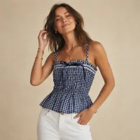Blusa Tirante Con Cuadros | Smocking Elástico – AZUL, CHICA