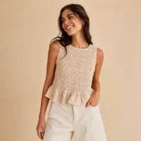 Blusa Sin Mangas Rayas | Smocking Elástico – GRANDE, BEIGE