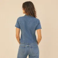 Blusa de Mezclilla Manga Corta con Botones Azul – Image 3