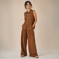 Set tipo Lino Blusa y Pantalón Wide Leg – CAMEL , MEDIANA