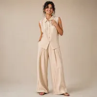 Set tipo Lino Blusa y Pantalón Wide Leg – BEIGE CLARO, CHICA