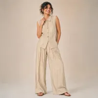Set tipo Lino Blusa y Pantalón Wide Leg – BEIGE, MEDIANA