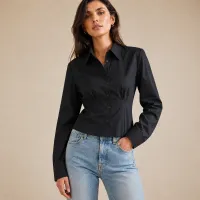 Blusa Camisera Beige Entallada con Pinzas – GRANDE, NEGRO