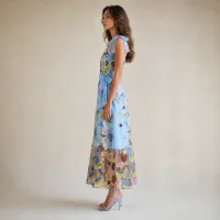 Vestido Midi de Tul Bordado Floral Azul Cielo – Image 3