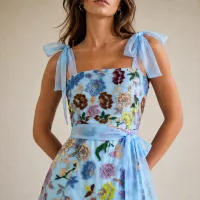 Vestido Midi de Tul Bordado Floral Azul Cielo – Image 4