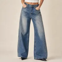 Jean Wide Leg Con Tachuelas Denim Azul Medio Deslavado – 0
