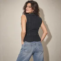 Chaleco Militar Denim Con Botones Dorados Negro Deslavado – Imagen 3