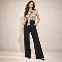 Jumpsuit Polka Dot Con Moño Y Pantalón Palazzo Negro – CHICA, BEIGE / NEGRO