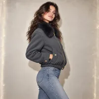 Bomber Wool Con Cuello De Pelo Sintético – GRIS, MEDIANA