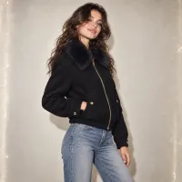 Bomber Wool Con Cuello De Pelo Sintético – NEGRA, GRANDE