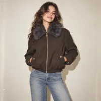 Bomber Wool Con Cuello De Pelo Sintético – CAFE, GRANDE