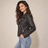 Chamarra Biker De Vinil Con Zippers  – NEGRO , CHICA