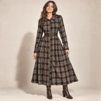 Vestido Camisero Franela Cuadros Maxi – CHICA, AMARILLO/CAFE