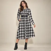 Vestido Camisero Franela Cuadros Maxi – CHICA, NEGRO/BLANCO