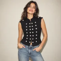 Chaleco Napoleon Denim Con Botones Plateados Negro – NEGRO, MEDIANA