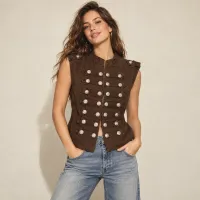 Chaleco Napoleon Denim Con Botones Plateados Negro – CAFE, GRANDE