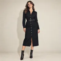 Vestido Camisero Faux Suede – NEGRO, MEDIANA