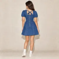 Vestido Denim Puff Sleeve Fit & Flare Azul Medio – Image 3